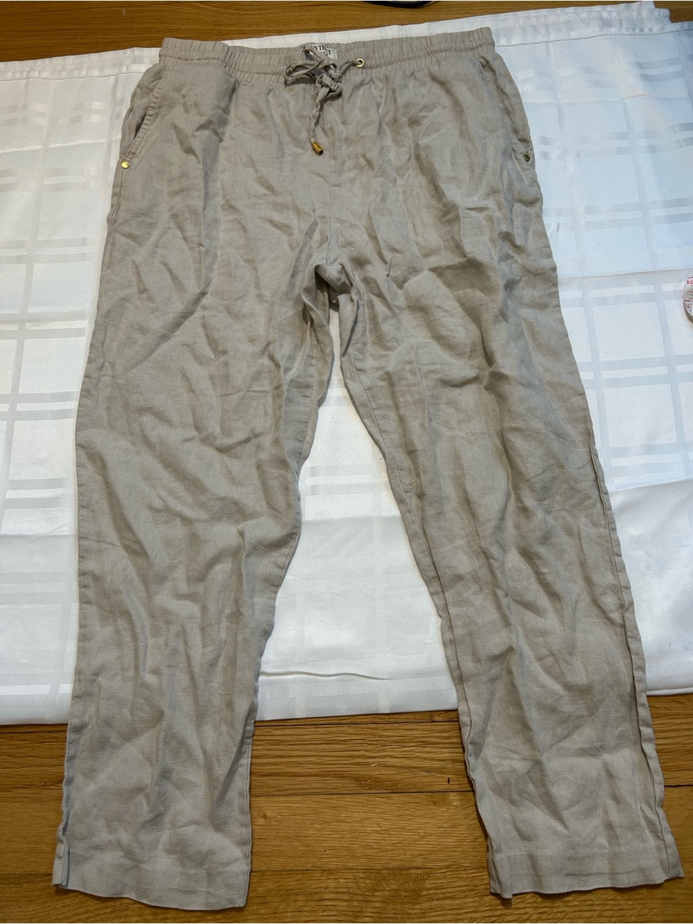 Ellen Tracy Beige 100% Linen Drawstring Trousers